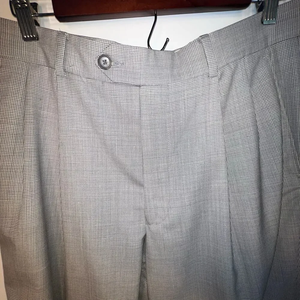 Alan Flusser men 32 micro houndstooth pleated wool linen cuffed dress pants flaw